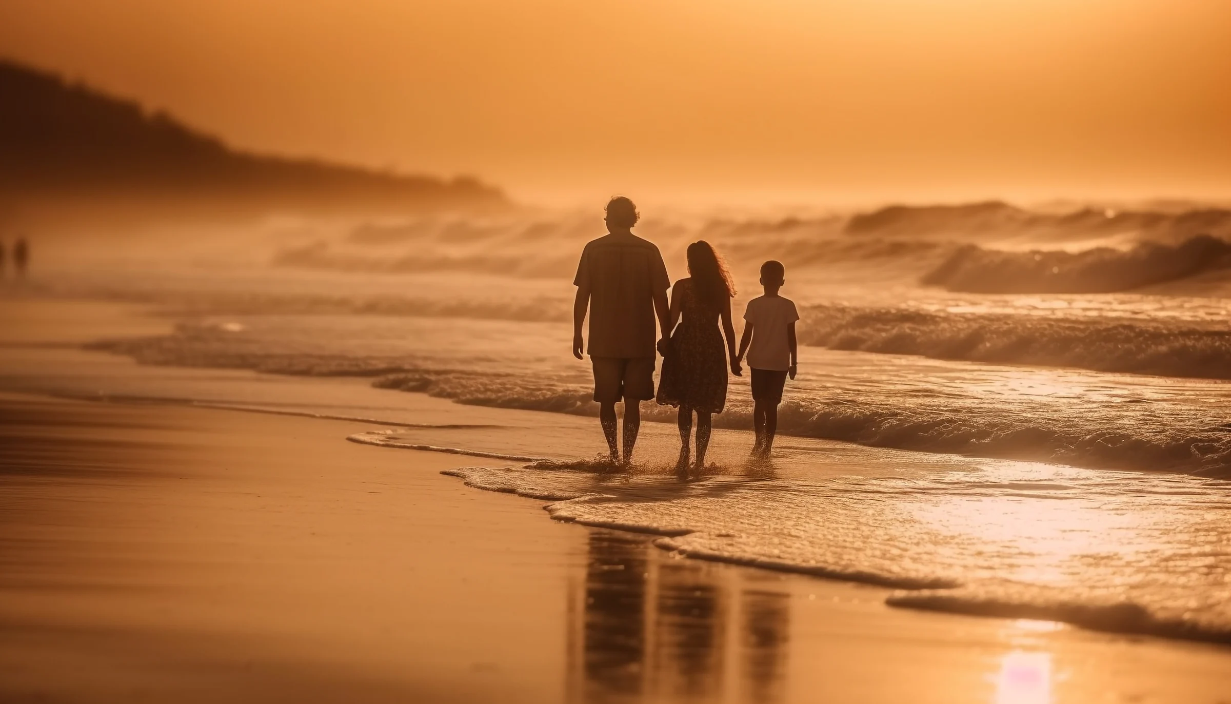 Famiglia che passeggia in spiaggia al tramonto